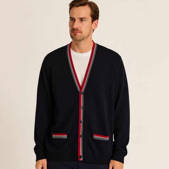 Brooks Brothers Men’s Italian Merino Wool Long Sleeve Cardigan XXL Navy Red Grey - Picture 2 of 10